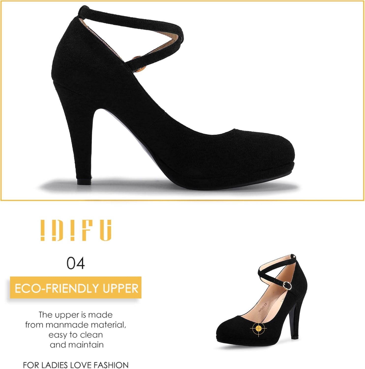 image:imageIDIFU Womens Tracy Platform High Heels Closed Toe Pumps Strappy Cross Ankle Strap Shoes for Casual Work WeddingBlack Suede