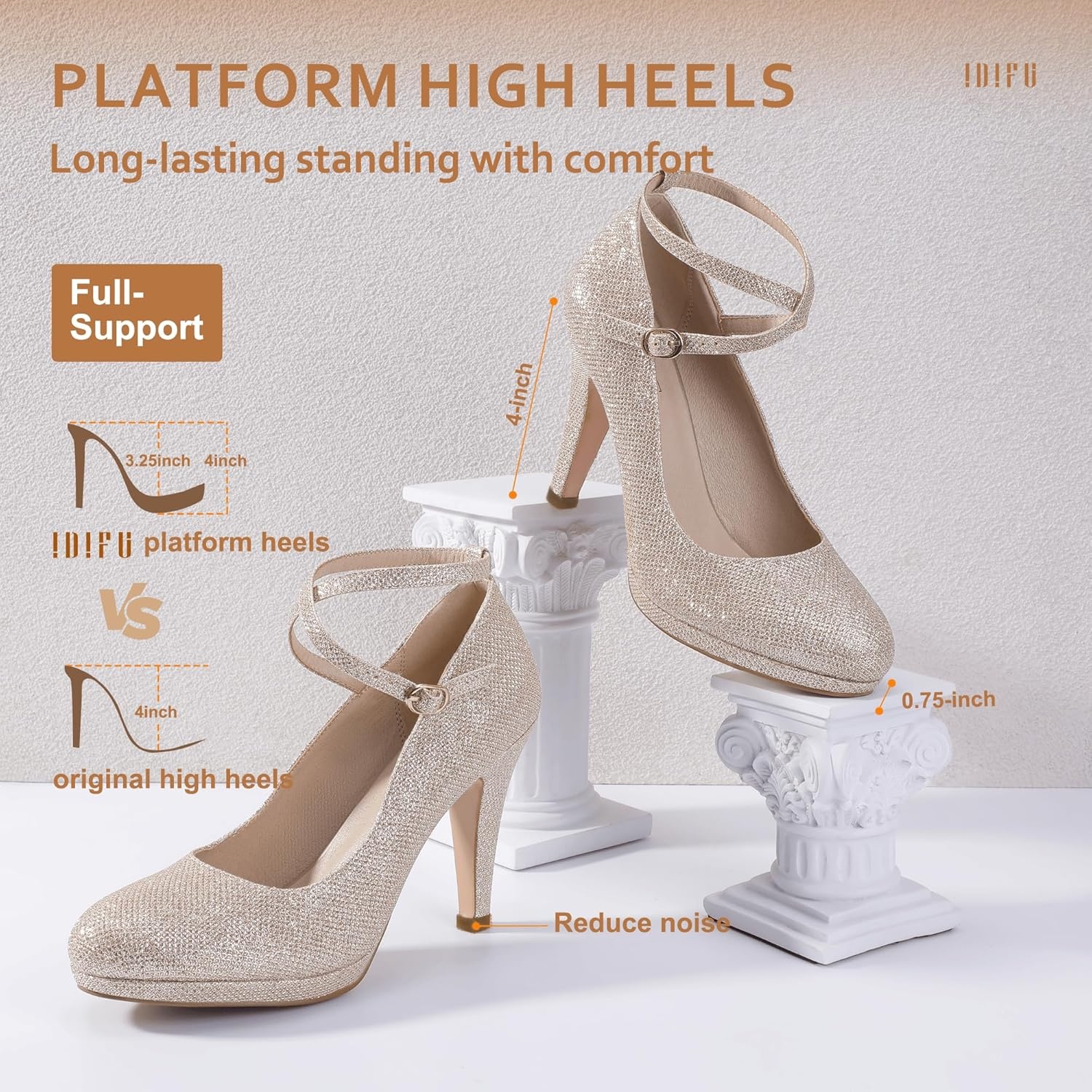 image:imageIDIFU Womens Tracy Platform High Heels Closed Toe Pumps Strappy Cross Ankle Strap Shoes for Casual Work WeddingGold Glitter