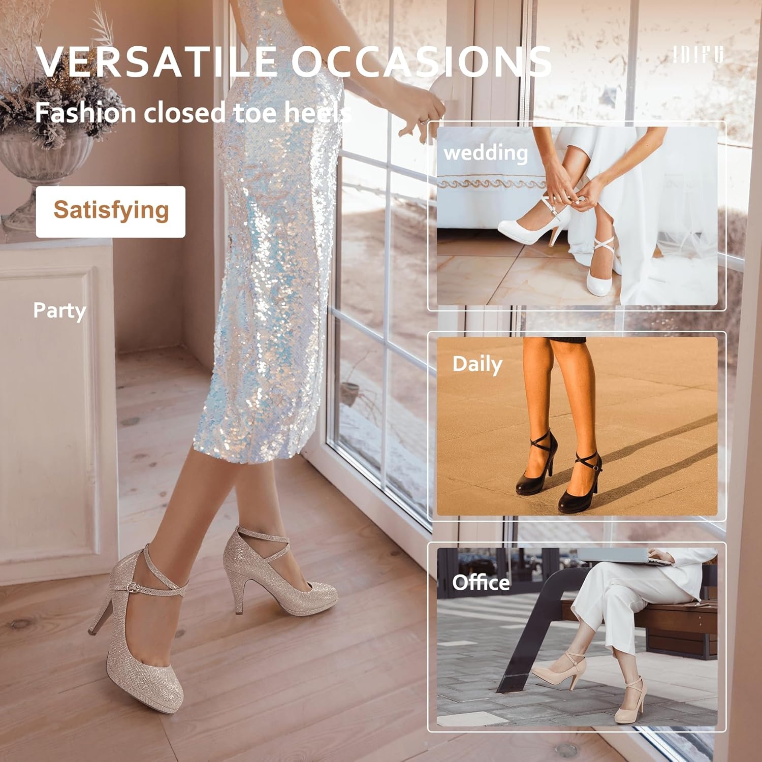 image:imageIDIFU Womens Tracy Platform High Heels Closed Toe Pumps Strappy Cross Ankle Strap Shoes for Casual Work WeddingGold Glitter