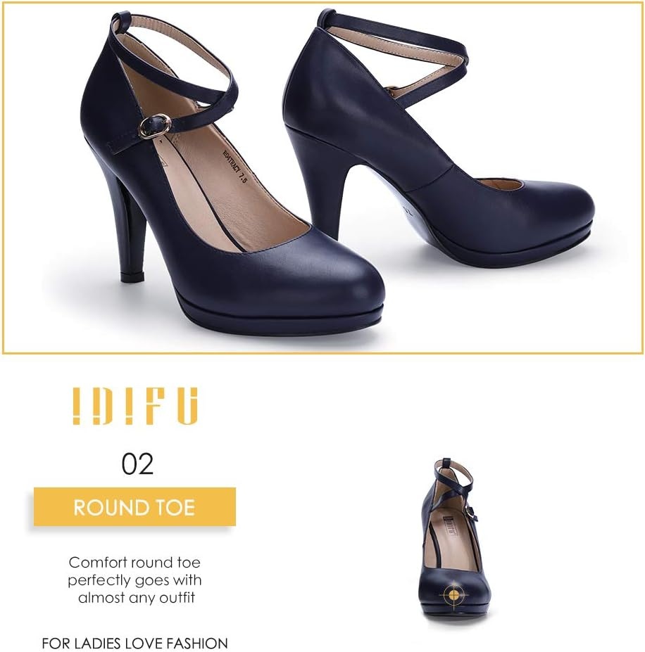 image:imageIDIFU Womens Tracy Platform High Heels Closed Toe Pumps Strappy Cross Ankle Strap Shoes for Casual Work WeddingNavy Blue