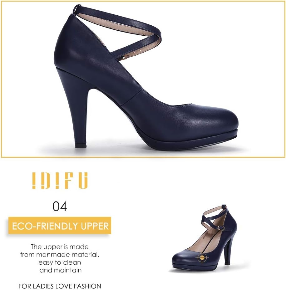 image:imageIDIFU Womens Tracy Platform High Heels Closed Toe Pumps Strappy Cross Ankle Strap Shoes for Casual Work WeddingNavy Blue