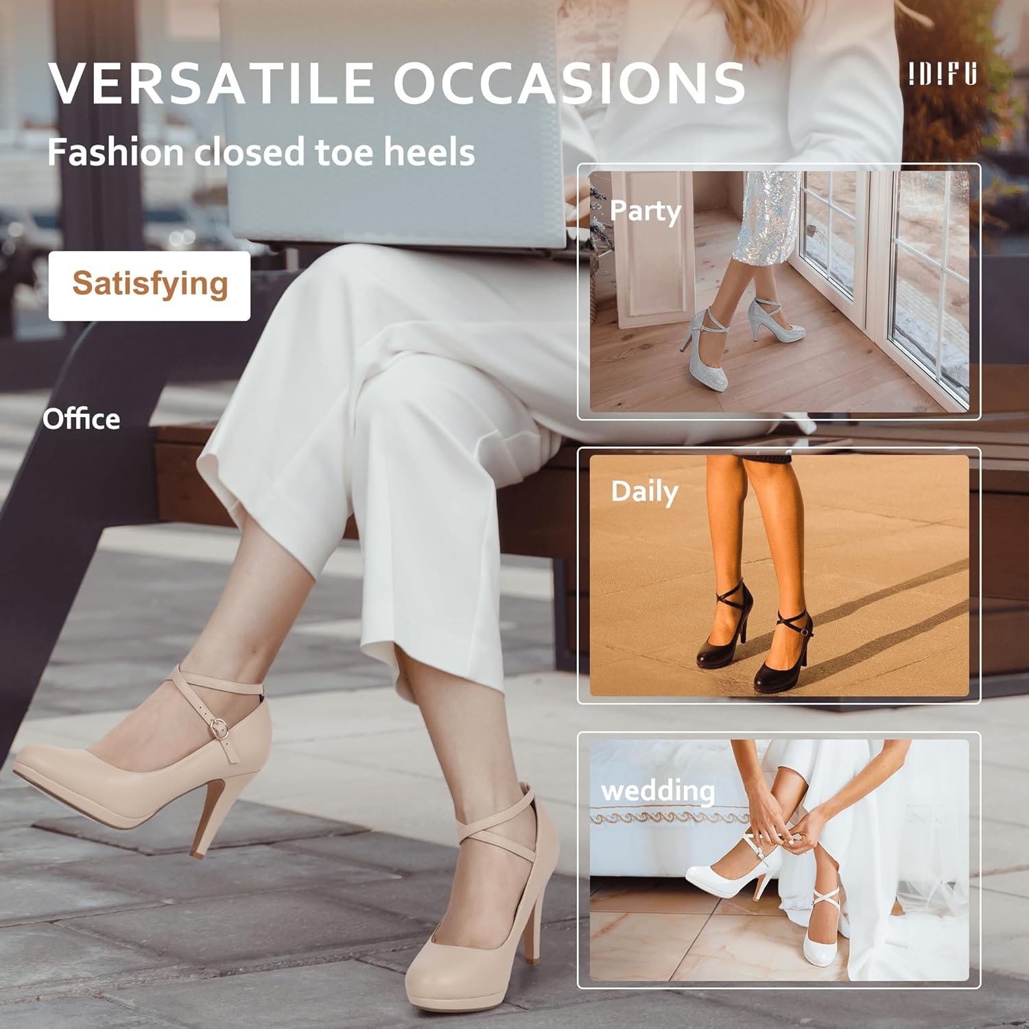 image:imageIDIFU Womens Tracy Platform High Heels Closed Toe Pumps Strappy Cross Ankle Strap Shoes for Casual Work WeddingNude Pu