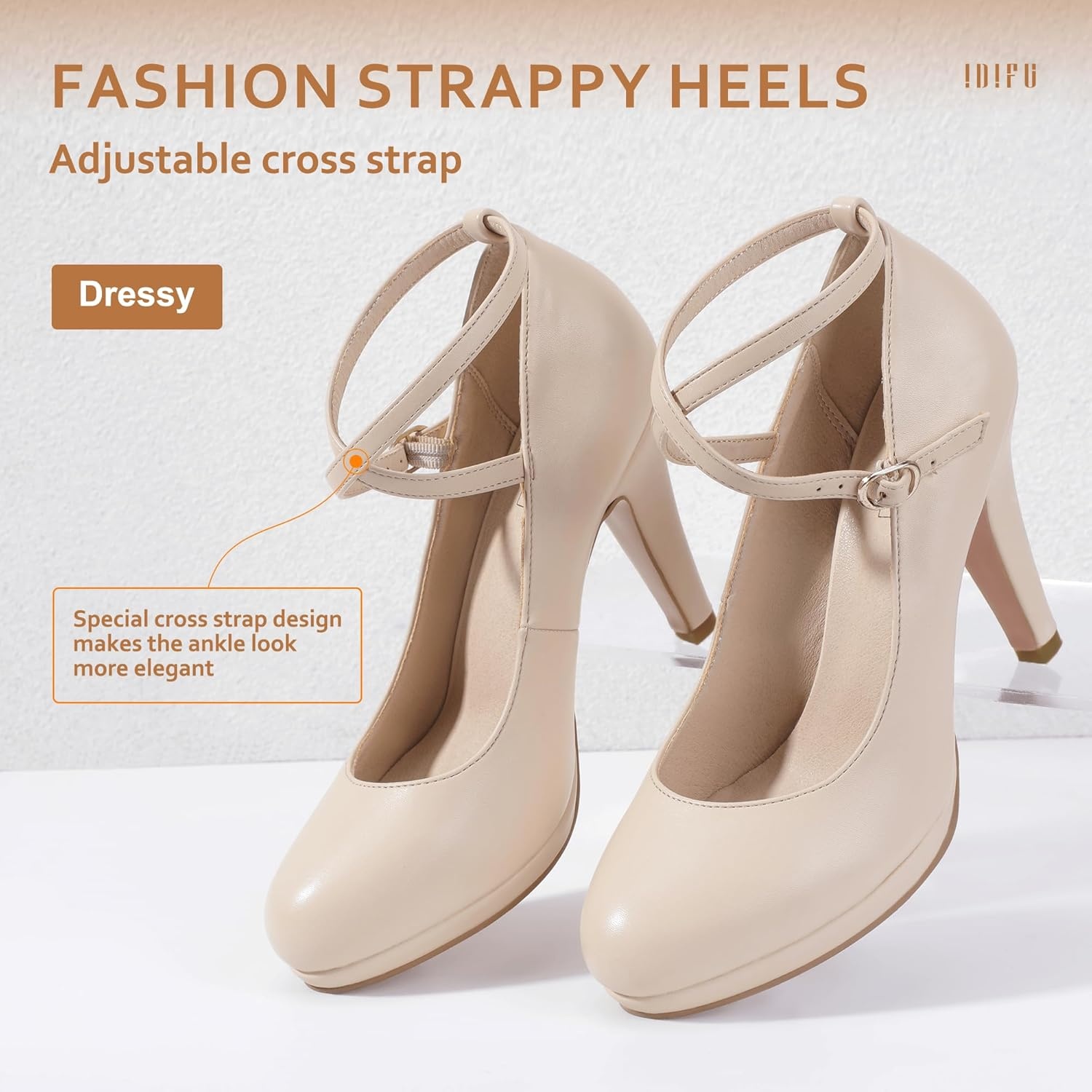 image:imageIDIFU Womens Tracy Platform High Heels Closed Toe Pumps Strappy Cross Ankle Strap Shoes for Casual Work WeddingNude Pu