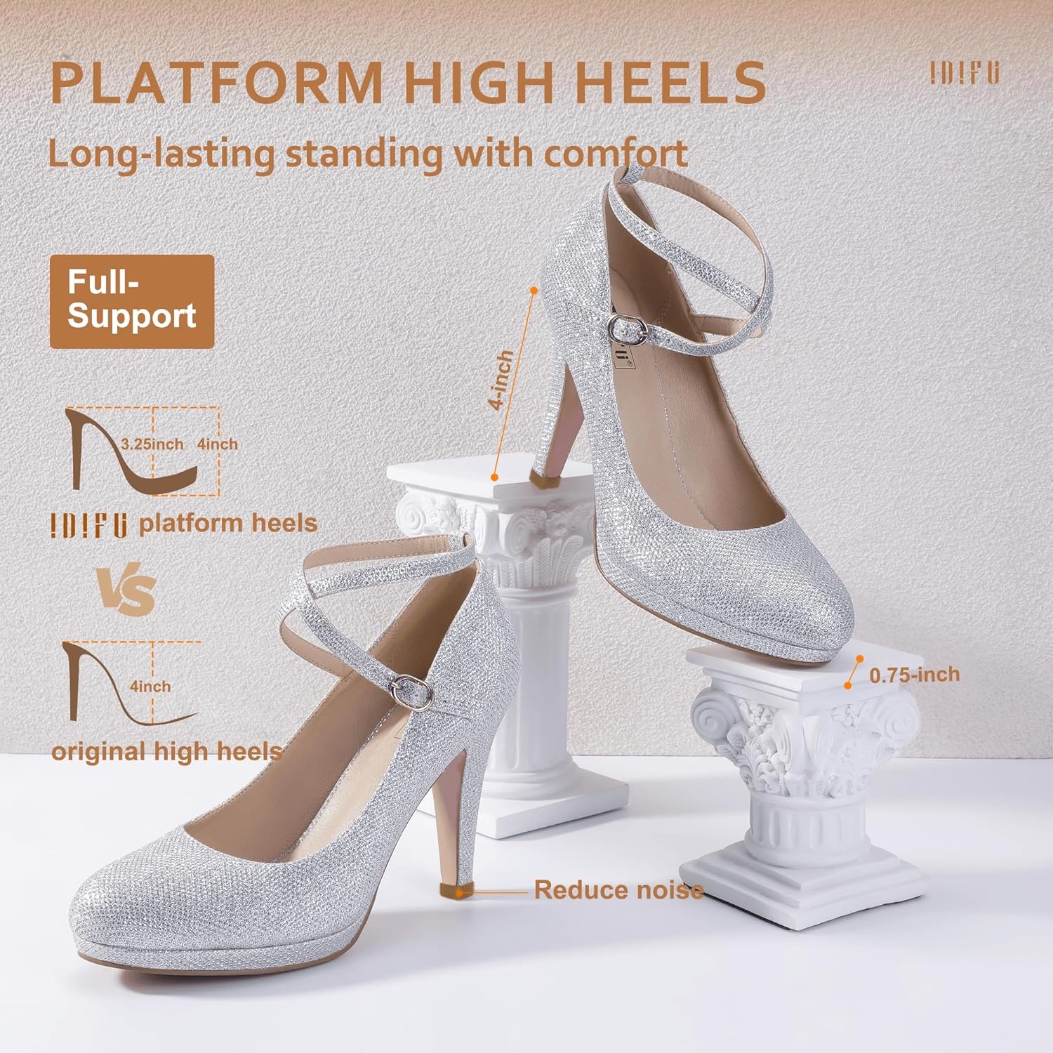 image:imageIDIFU Womens Tracy Platform High Heels Closed Toe Pumps Strappy Cross Ankle Strap Shoes for Casual Work WeddingSilver Glitter