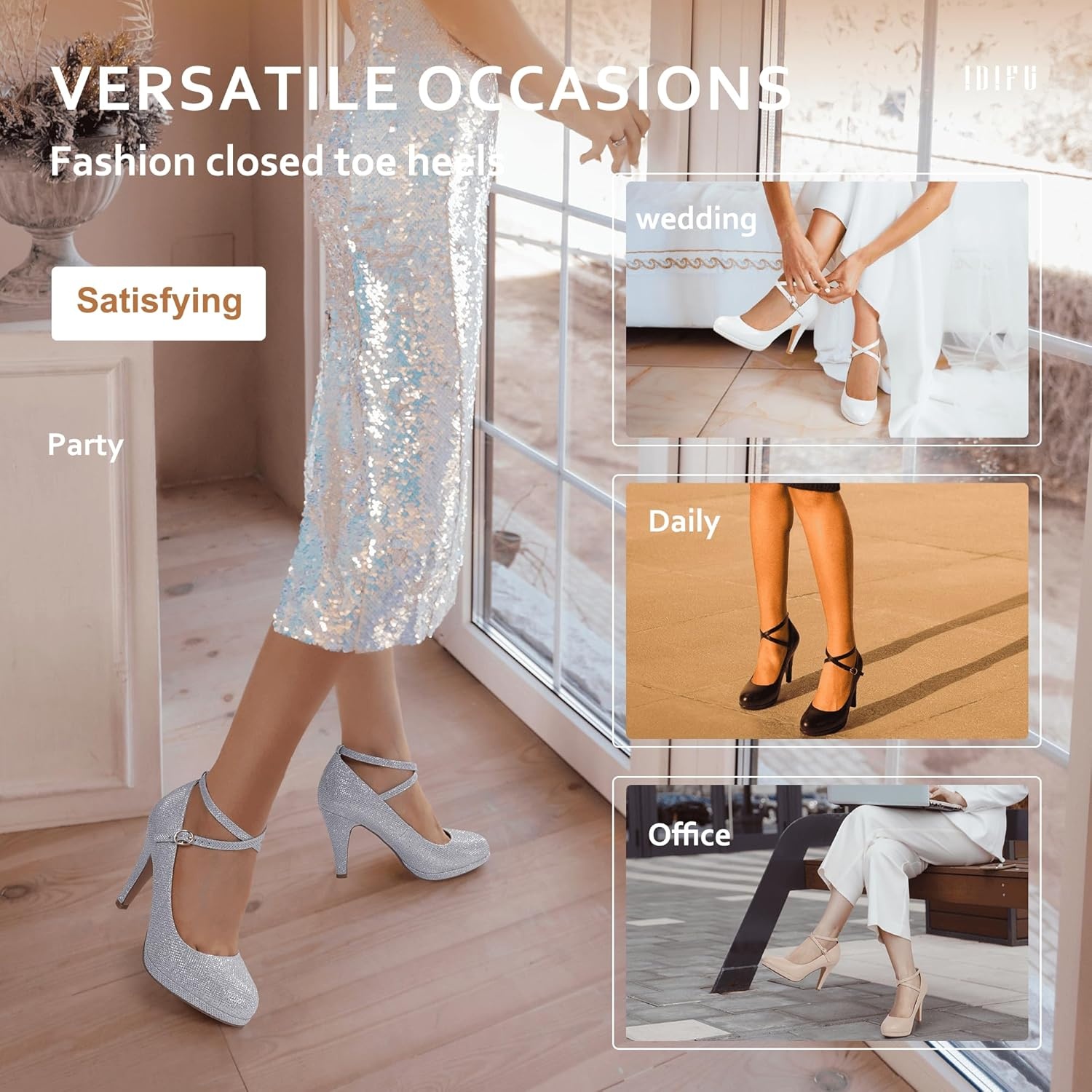 image:imageIDIFU Womens Tracy Platform High Heels Closed Toe Pumps Strappy Cross Ankle Strap Shoes for Casual Work WeddingSilver Glitter