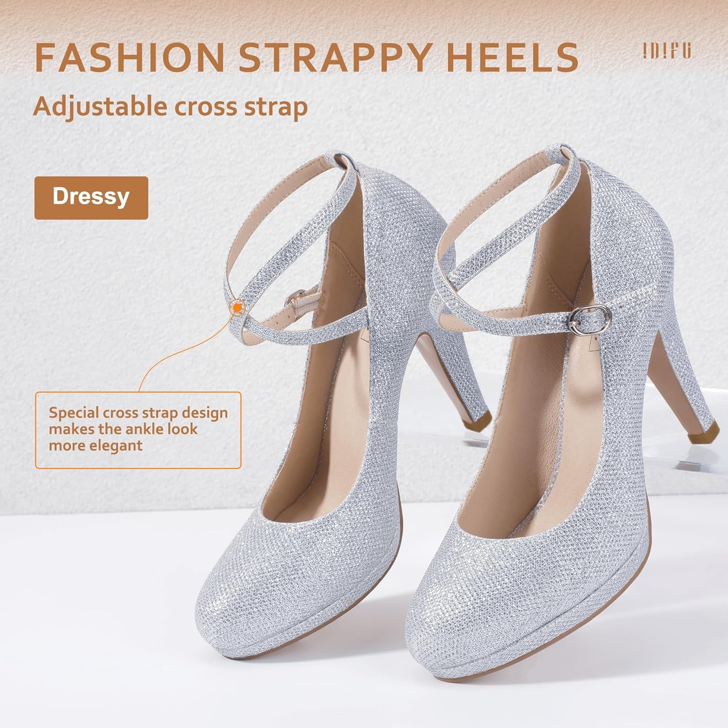 image:imageIDIFU Womens Tracy Platform High Heels Closed Toe Pumps Strappy Cross Ankle Strap Shoes for Casual Work WeddingSilver Glitter