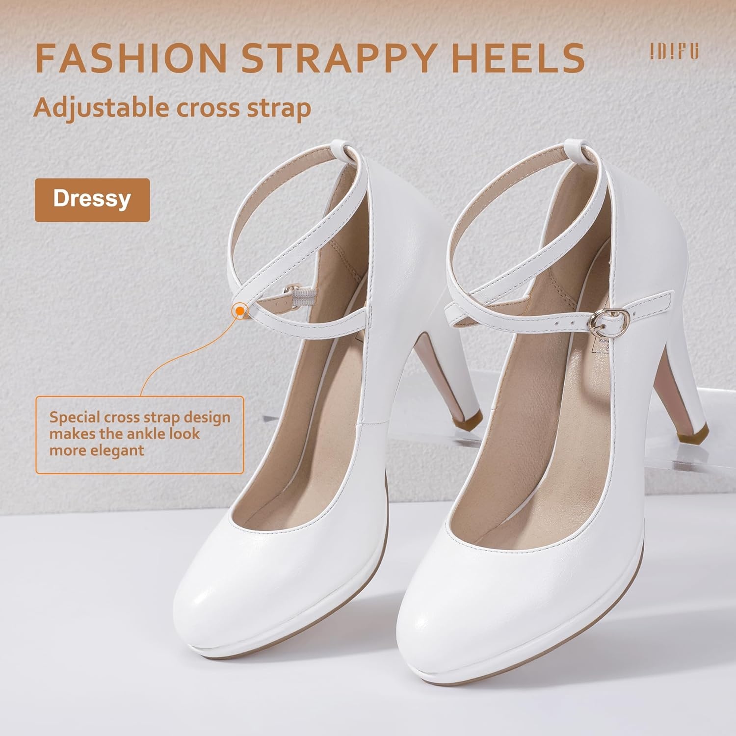 image:imageIDIFU Womens Tracy Platform High Heels Closed Toe Pumps Strappy Cross Ankle Strap Shoes for Casual Work WeddingWhite Pu