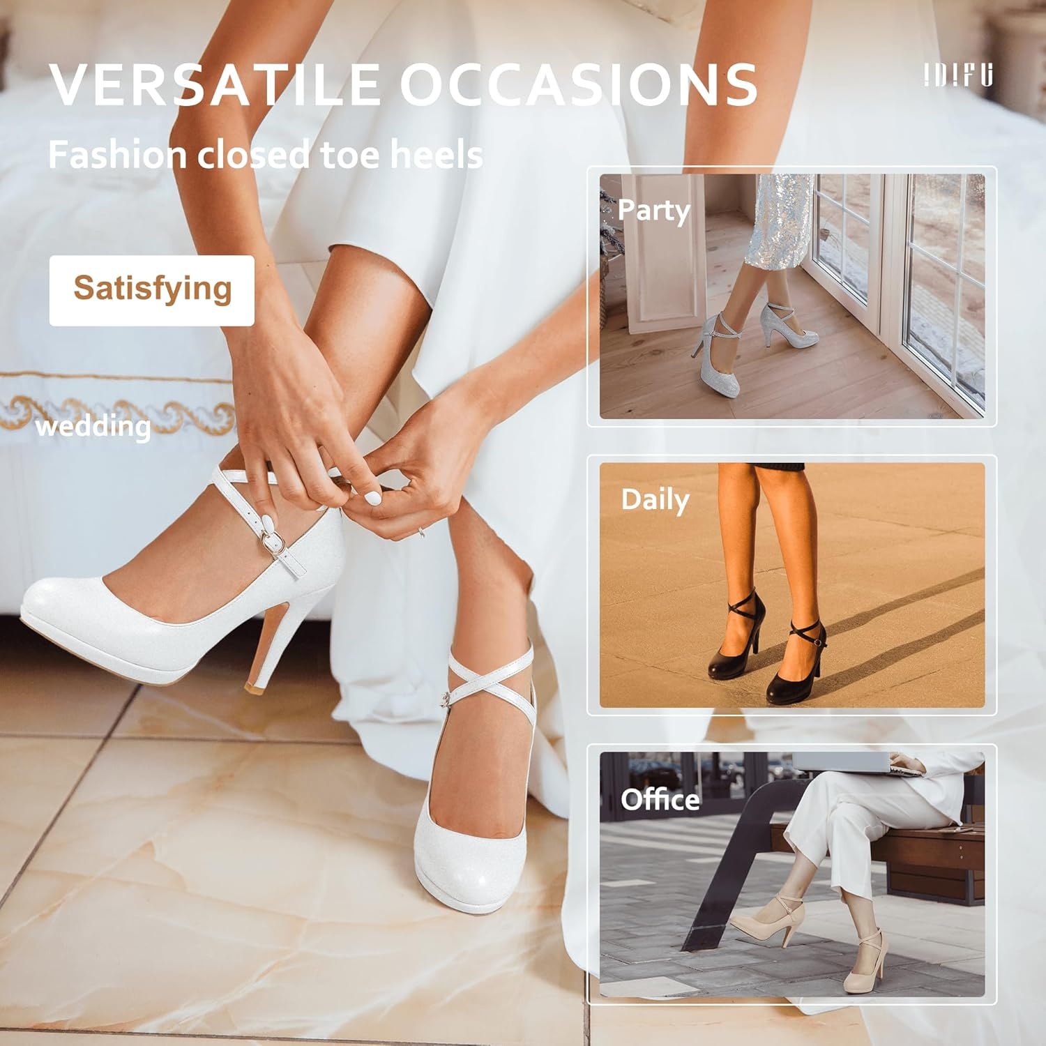 image:imageIDIFU Womens Tracy Platform High Heels Closed Toe Pumps Strappy Cross Ankle Strap Shoes for Casual Work WeddingWhite Pu