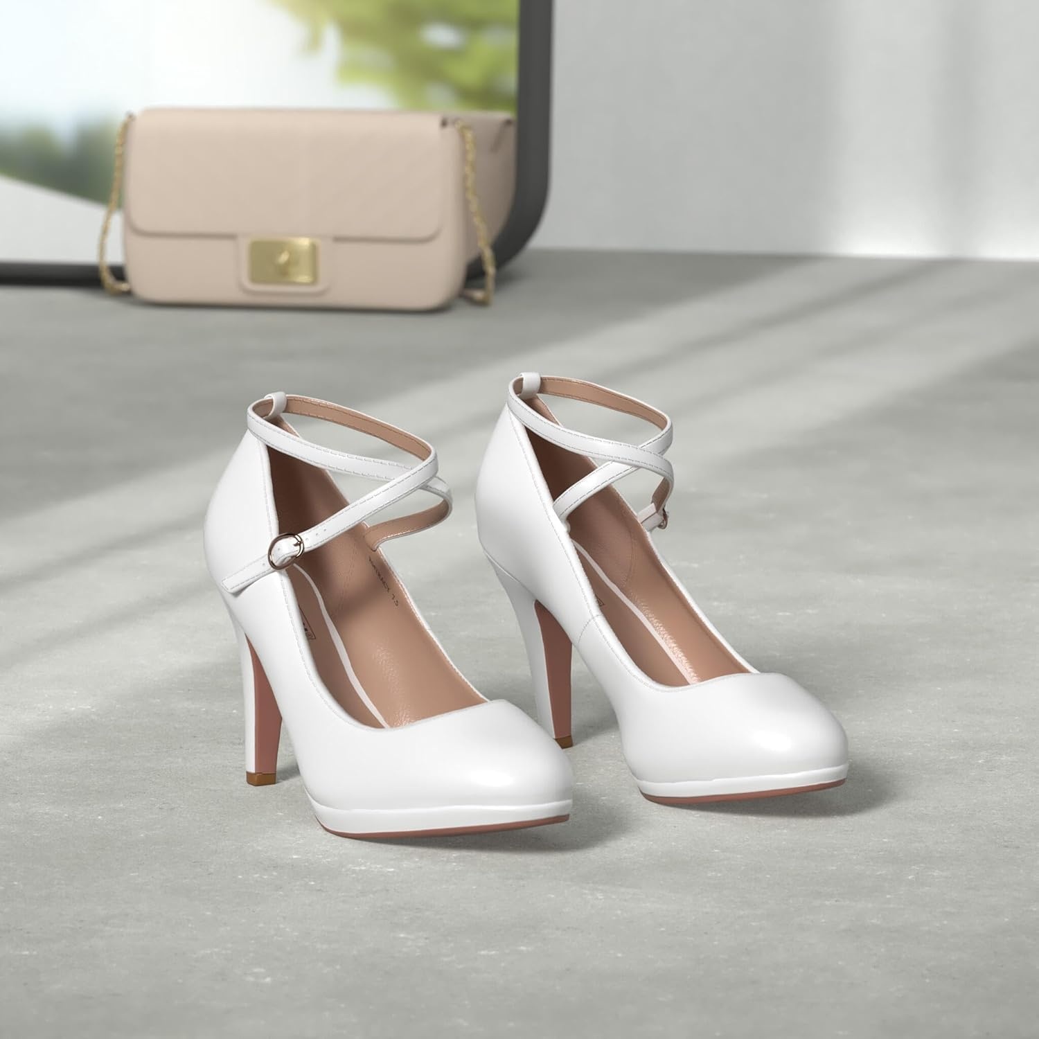 image:imageIDIFU Womens Tracy Platform High Heels Closed Toe Pumps Strappy Cross Ankle Strap Shoes for Casual Work WeddingWhite Pu