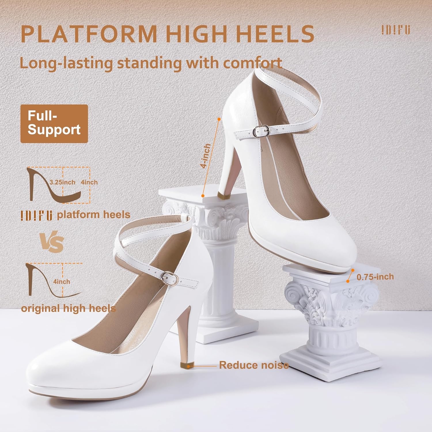 image:imageIDIFU Womens Tracy Platform High Heels Closed Toe Pumps Strappy Cross Ankle Strap Shoes for Casual Work WeddingWhite Pu