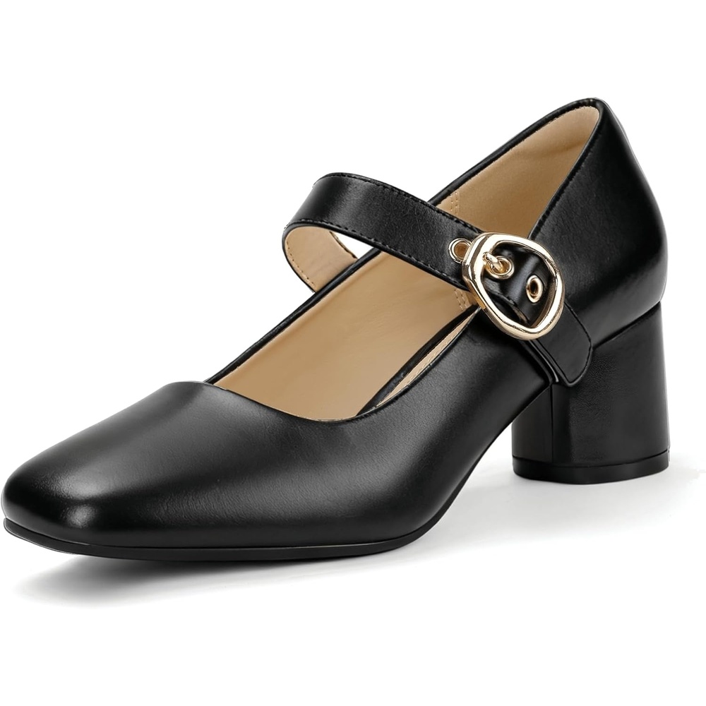 image:imageIDIFU IN2 Mary Jane Shoes Womens Pumps Closed Toe Chunky Block Low Short Heels Work Wedding Prom Comfortable Dress Shoes for Women Cute Vintage Heels Pumps Shoe with BuckleBlack Pu