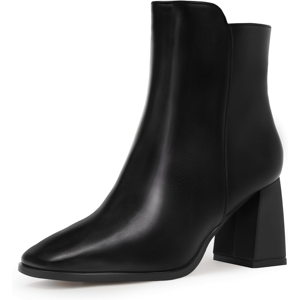 image:imageIDIFU IN3 Ankle Boots for Women Square Toe Short Heeled Booties GoGo Chunky Block Heel Dress Boots Comfortable Fashion Cute Fall BootiesBlack Pu