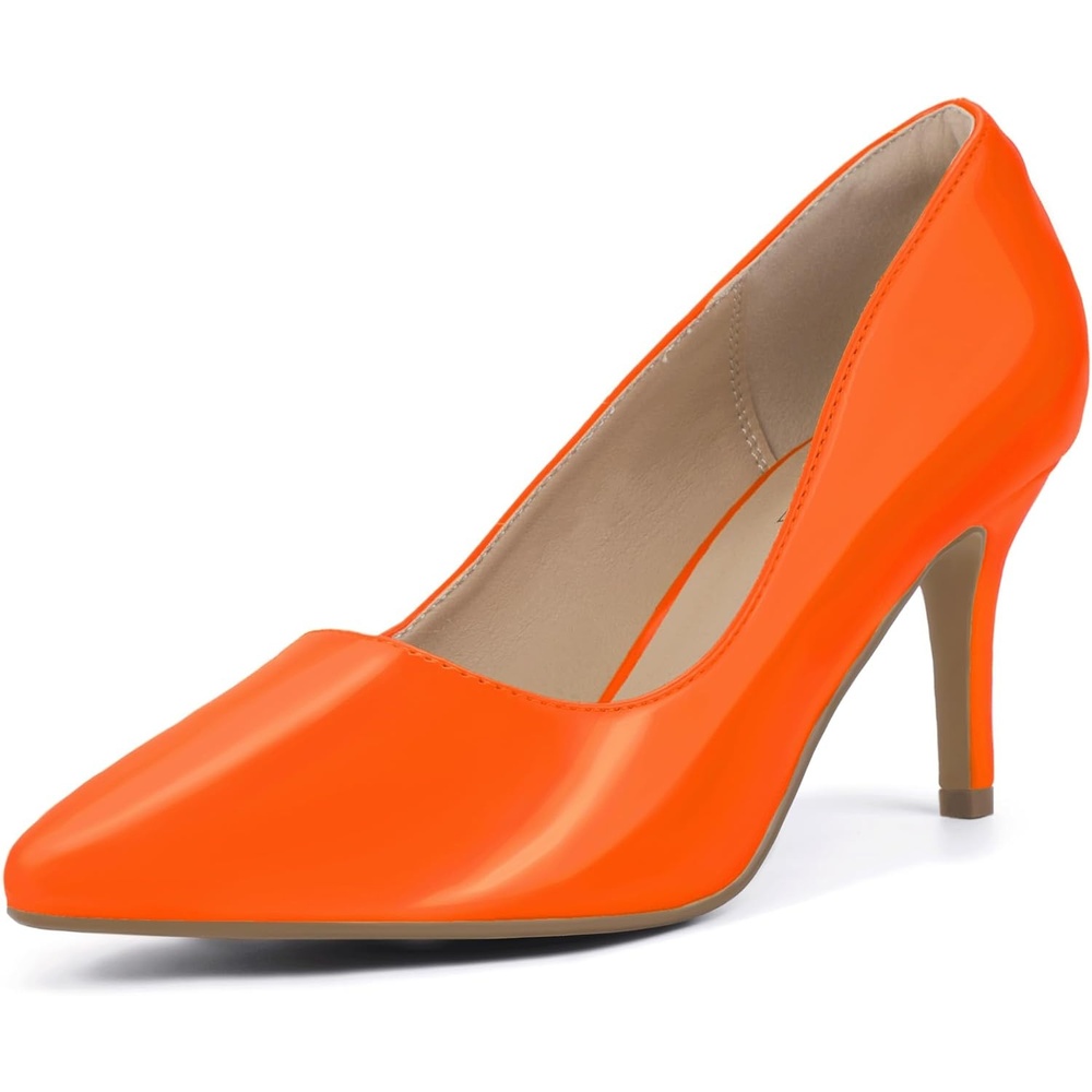image:imageIDIFU IN3 High Heels Pumps Closed Toe Heels Womens Pumps Stiletto Pointed Toe Dress Shoes Wedding Prom Bridal Work Office Bride Guest Trendy Dressy Fashion Comfortable Pump ShoesOrange Patent