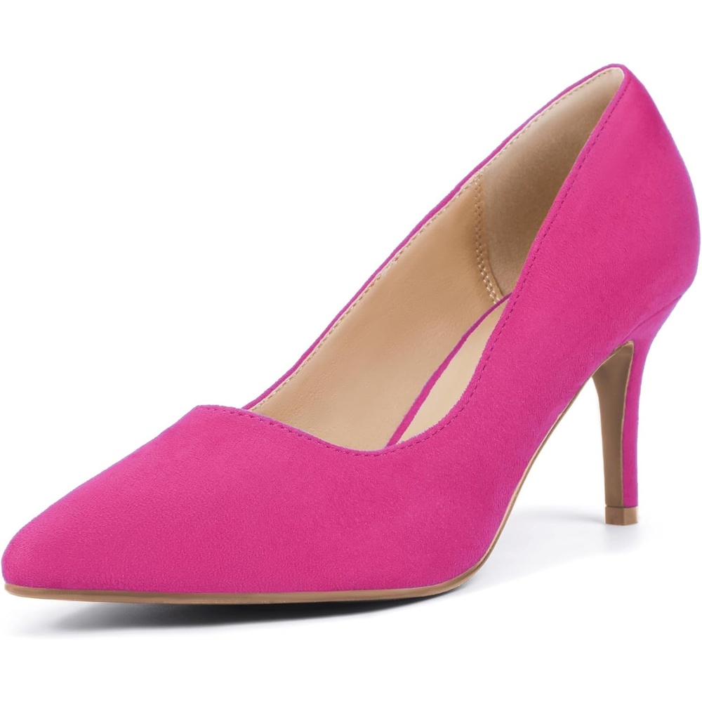 image:imageIDIFU IN3 High Heels Pumps Closed Toe Heels Womens Pumps Stiletto Pointed Toe Dress Shoes Wedding Prom Bridal Work Office Bride Guest Trendy Dressy Fashion Comfortable Pump ShoesHot Pink Suede