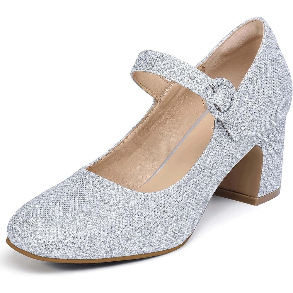 image:imageIDIFU IN3 Mary Jane Pumps Closed Toe Low Short Chunky Block Dress Shoes for Women Wedding Bridal Flight Attendant Heels Formal Cute Round Toe Vintage Small Thick Pumps Heels with Round BuckleSilver Glitter
