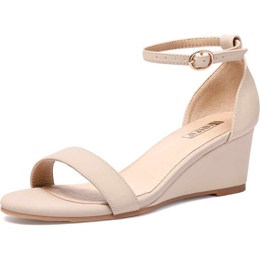 image:imageIDIFU Wedge Sandals Heels for Women Dress Shoes Open Toe with Ankle Strap for Wedding Bridal Evening CocktailNude Nubuck
