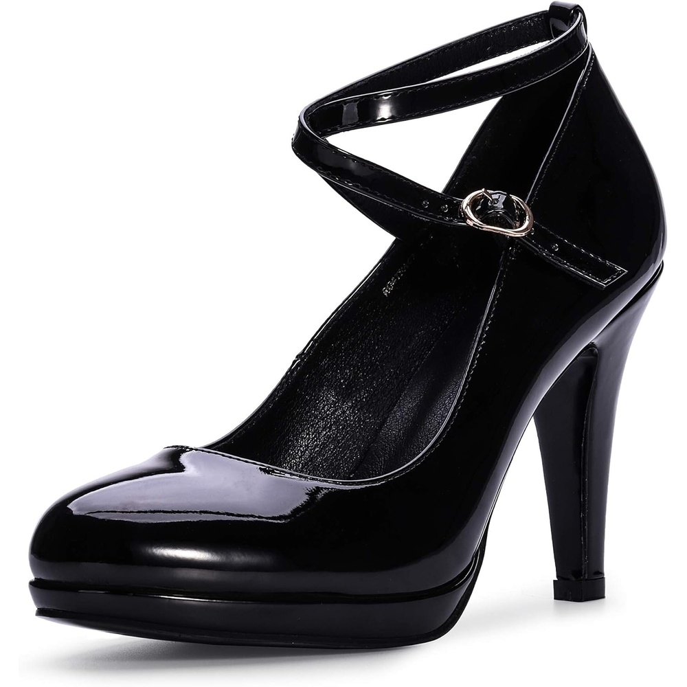 image:imageIDIFU Womens Tracy Platform High Heels Closed Toe Pumps Strappy Cross Ankle Strap Shoes for Casual Work WeddingBlack Patent