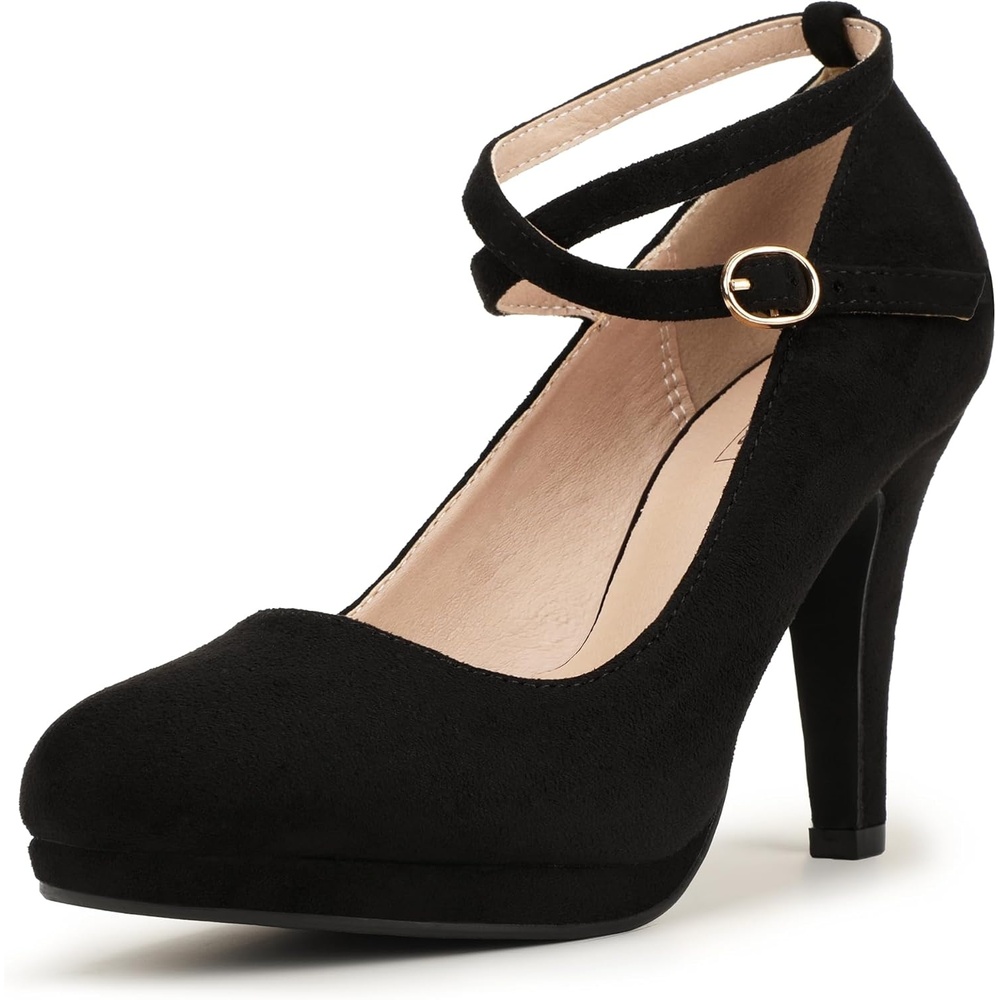 image:imageIDIFU Womens Tracy Platform High Heels Closed Toe Pumps Strappy Cross Ankle Strap Shoes for Casual Work WeddingBlack Suede