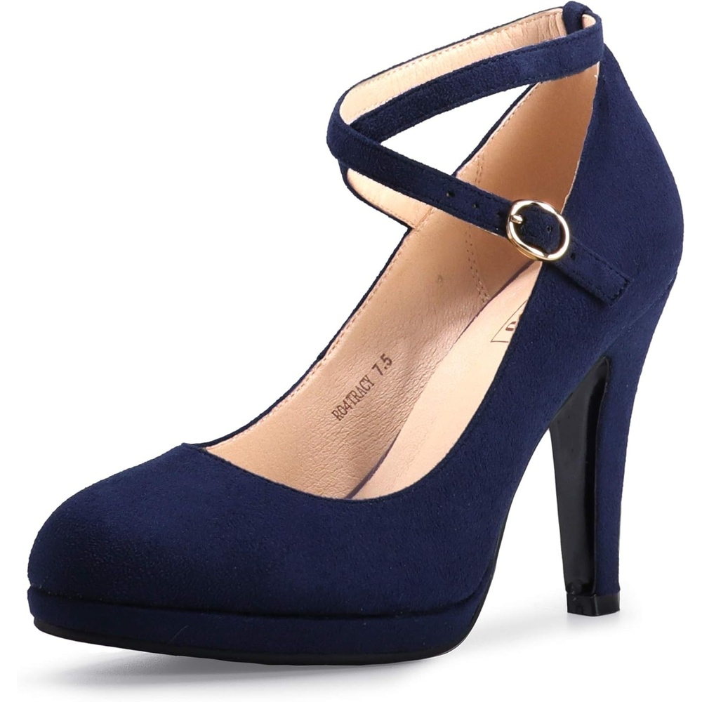 image:imageIDIFU Womens Tracy Platform High Heels Closed Toe Pumps Strappy Cross Ankle Strap Shoes for Casual Work WeddingBlue Suede