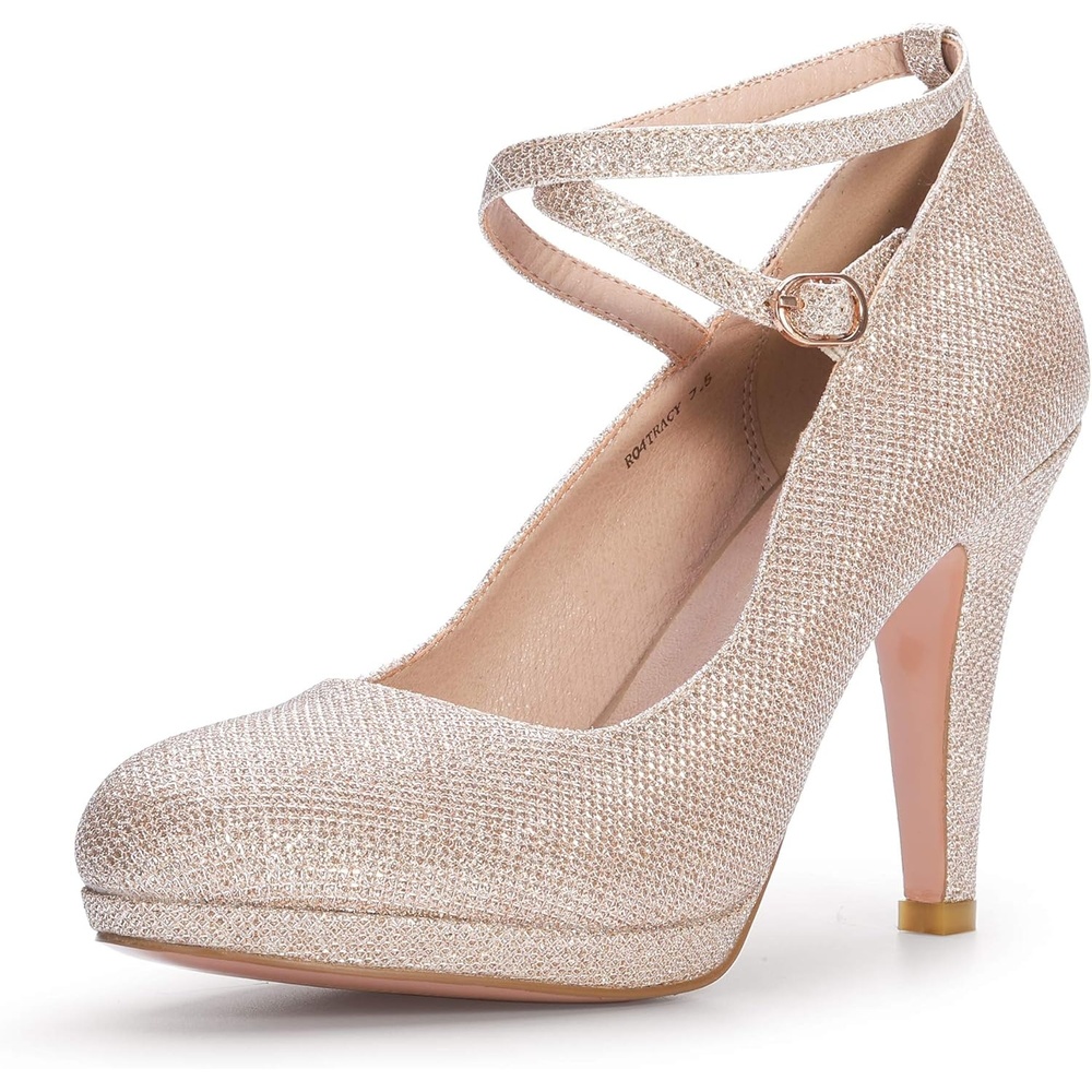 image:imageIDIFU Womens Tracy Platform High Heels Closed Toe Pumps Strappy Cross Ankle Strap Shoes for Casual Work WeddingGold Glitter