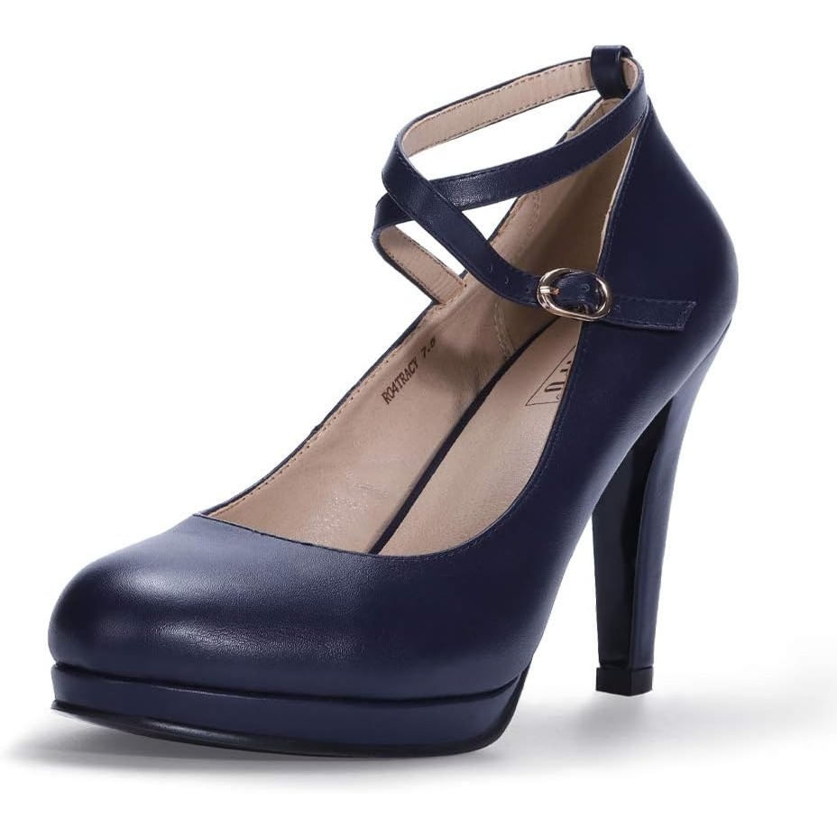 image:imageIDIFU Womens Tracy Platform High Heels Closed Toe Pumps Strappy Cross Ankle Strap Shoes for Casual Work WeddingNavy Blue