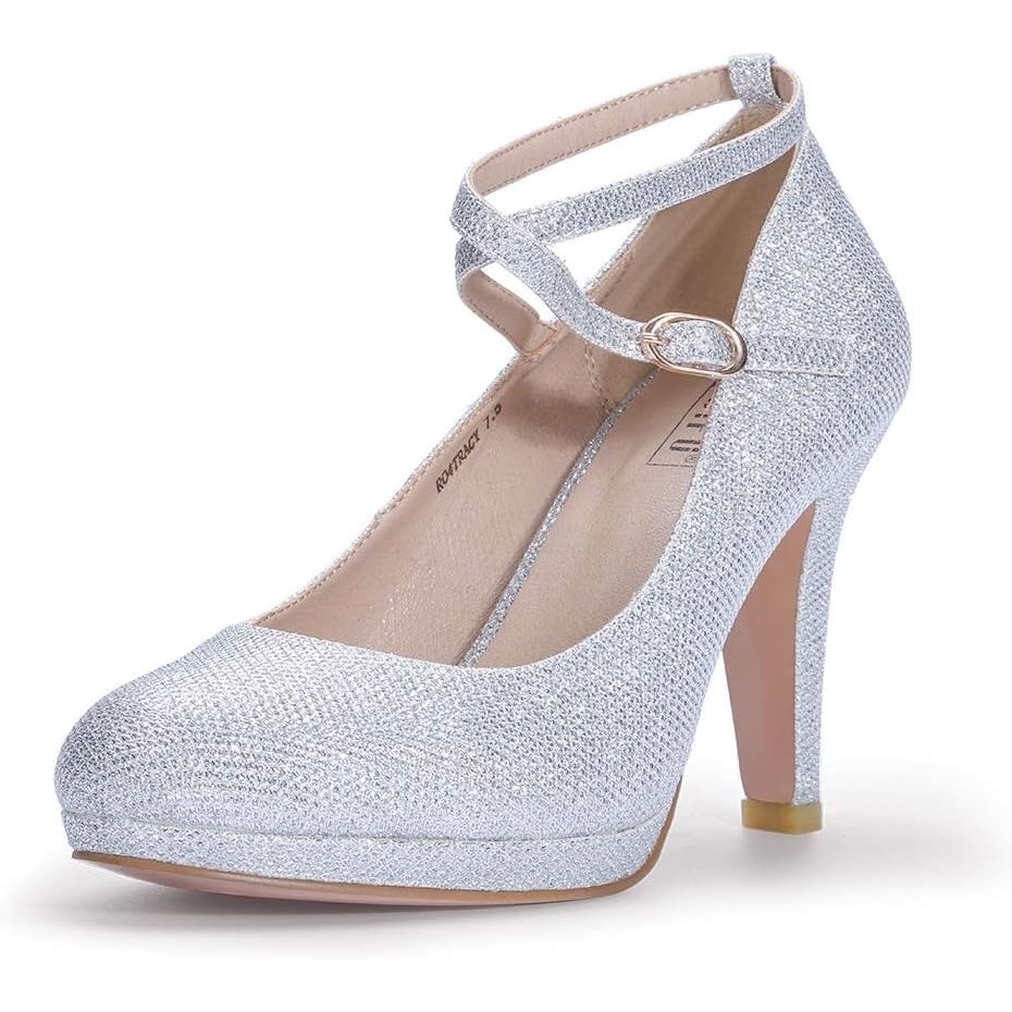image:imageIDIFU Womens Tracy Platform High Heels Closed Toe Pumps Strappy Cross Ankle Strap Shoes for Casual Work WeddingSilver Glitter