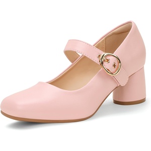 image:imageIDIFU IN2 Mary Jane Shoes Womens Pumps Closed Toe Chunky Block Low Short Heels Work Wedding Prom Comfortable Dress Shoes for Women Cute Vintage Heels Pumps Shoe with BucklePink Pu