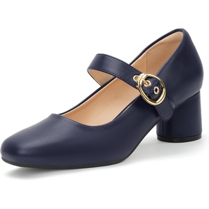 image:imageIDIFU IN2 Mary Jane Shoes Womens Pumps Closed Toe Chunky Block Low Short Heels Work Wedding Prom Comfortable Dress Shoes for Women Cute Vintage Heels Pumps Shoe with BuckleNavy Blue Pu
