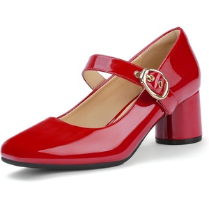 image:imageIDIFU IN2 Mary Jane Shoes Womens Pumps Closed Toe Chunky Block Low Short Heels Work Wedding Prom Comfortable Dress Shoes for Women Cute Vintage Heels Pumps Shoe with BuckleRed Pat