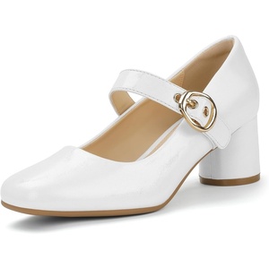 image:imageIDIFU IN2 Mary Jane Shoes Womens Pumps Closed Toe Chunky Block Low Short Heels Work Wedding Prom Comfortable Dress Shoes for Women Cute Vintage Heels Pumps Shoe with BuckleWhite Pu