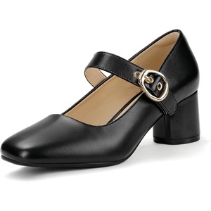 image:imageIDIFU IN2 Mary Jane Shoes Womens Pumps Closed Toe Chunky Block Low Short Heels Work Wedding Prom Comfortable Dress Shoes for Women Cute Vintage Heels Pumps Shoe with BuckleBlack Pu