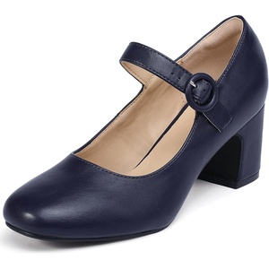 image:imageIDIFU IN3 Mary Jane Pumps Closed Toe Low Short Chunky Block Dress Shoes for Women Wedding Bridal Flight Attendant Heels Formal Cute Round Toe Vintage Small Thick Pumps Heels with Round BuckleNavy Blue Pu