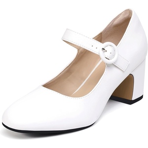 image:imageIDIFU IN3 Mary Jane Pumps Closed Toe Low Short Chunky Block Dress Shoes for Women Wedding Bridal Flight Attendant Heels Formal Cute Round Toe Vintage Small Thick Pumps Heels with Round BuckleWhite Pu