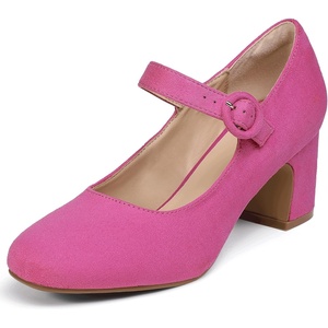 image:imageIDIFU IN3 Mary Jane Pumps Closed Toe Low Short Chunky Block Dress Shoes for Women Wedding Bridal Flight Attendant Heels Formal Cute Round Toe Vintage Small Thick Pumps Heels with Round BuckleHot Pink Suede