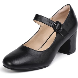 image:imageIDIFU IN3 Mary Jane Pumps Closed Toe Low Short Chunky Block Dress Shoes for Women Wedding Bridal Flight Attendant Heels Formal Cute Round Toe Vintage Small Thick Pumps Heels with Round BuckleBlack Pu