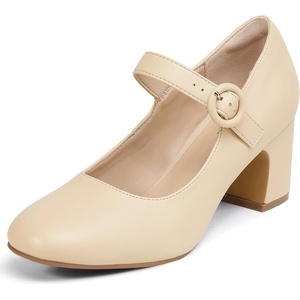 image:imageIDIFU IN3 Mary Jane Pumps Closed Toe Low Short Chunky Block Dress Shoes for Women Wedding Bridal Flight Attendant Heels Formal Cute Round Toe Vintage Small Thick Pumps Heels with Round BuckleBeige Pu