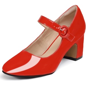 image:imageIDIFU IN3 Mary Jane Pumps Closed Toe Low Short Chunky Block Dress Shoes for Women Wedding Bridal Flight Attendant Heels Formal Cute Round Toe Vintage Small Thick Pumps Heels with Round BuckleRed Patent