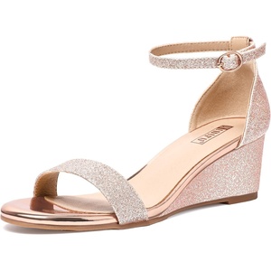 image:imageIDIFU Wedge Sandals Heels for Women Dress Shoes Open Toe with Ankle Strap for Wedding Bridal Evening CocktailRose Gold Shiny