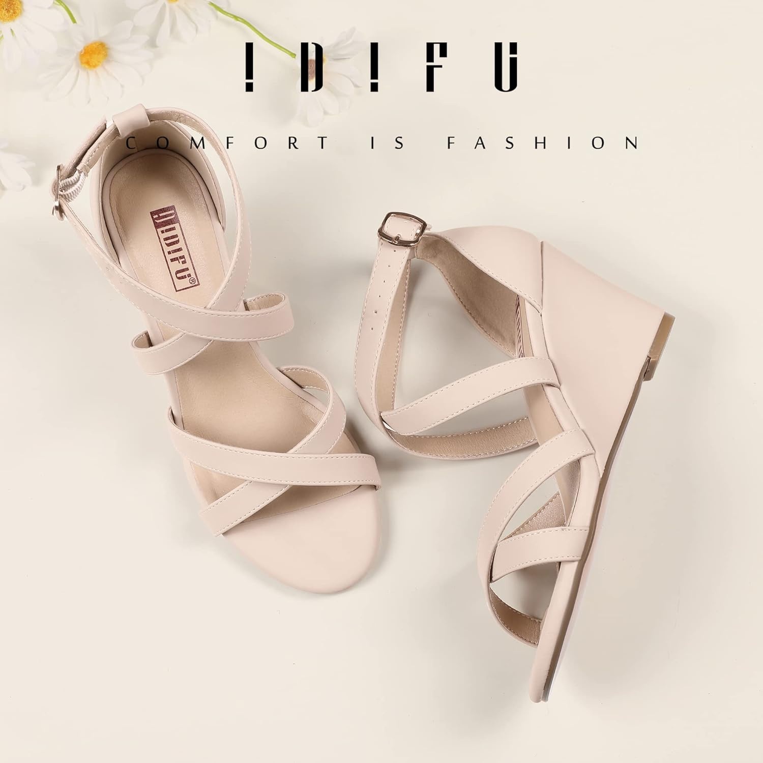 image:imageIDIFU Womens 3 Inch Strappy Wedge Sandals for Women Open Toe Wedges Shoes for Women Dress Sandals for Women for Wedding Bridal Evening Prom