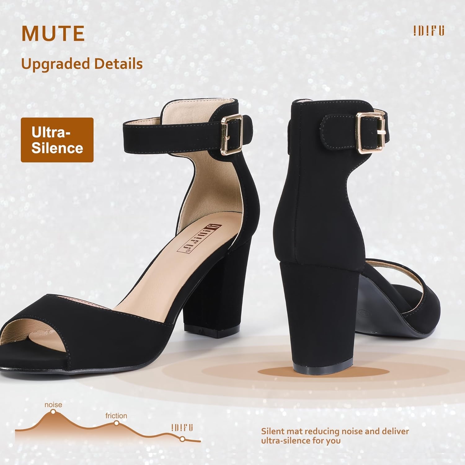 image:imageIDIFU Womens CandieMI Peep Toe Low Block Heels Sandals Ankle Strap Comfy Chunky Wedding Dress ShoesBlack Nubuck