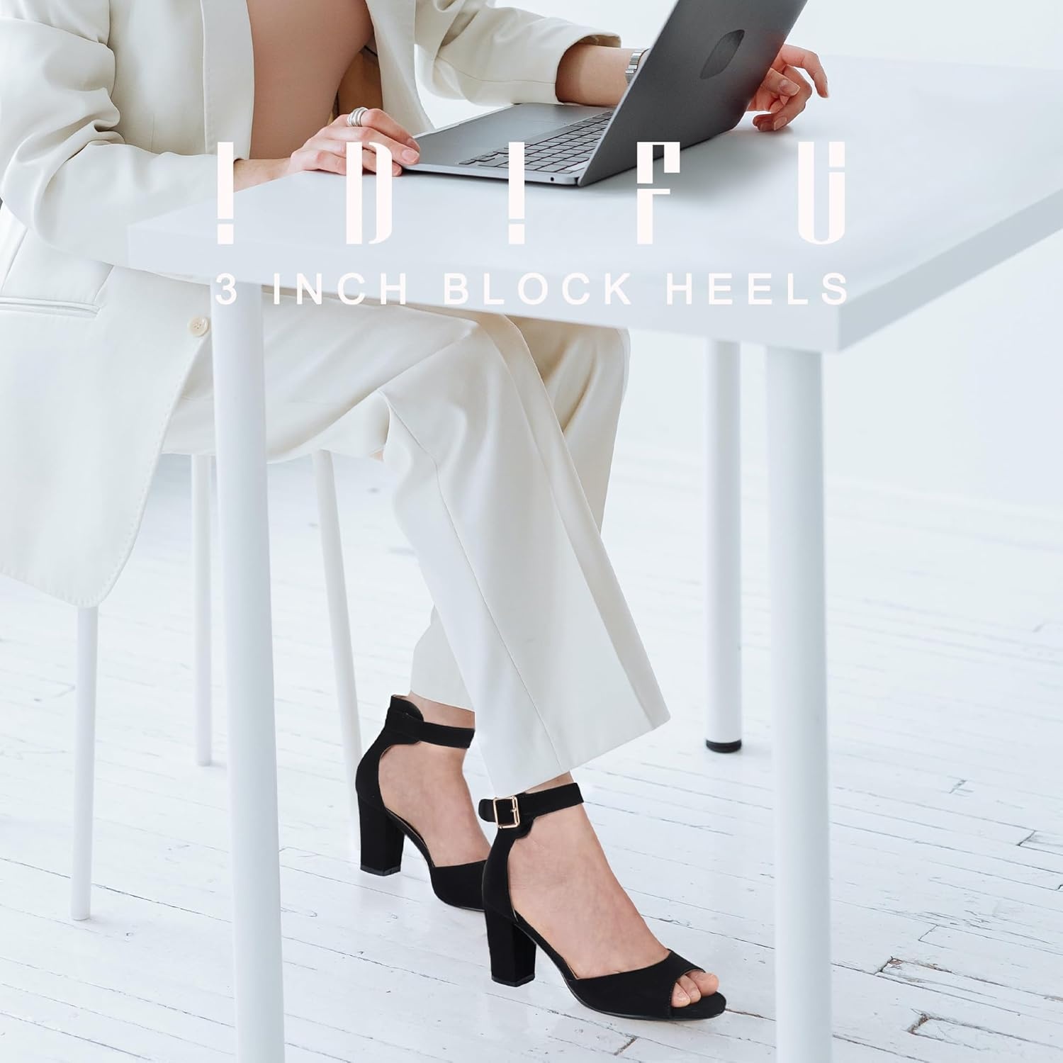 image:imageIDIFU Womens CandieMI Peep Toe Low Block Heels Sandals Ankle Strap Comfy Chunky Wedding Dress ShoesBlack Nubuck
