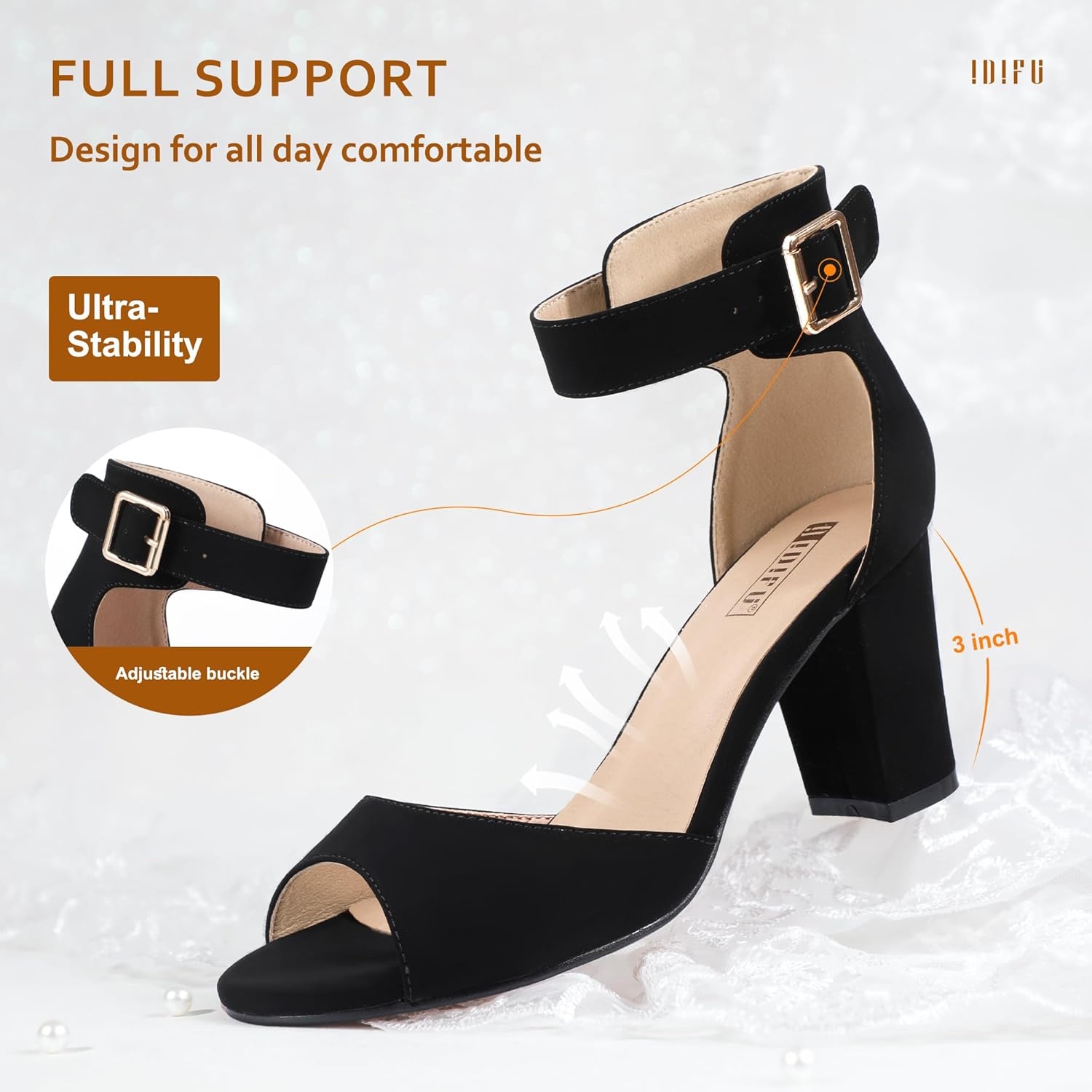 image:imageIDIFU Womens CandieMI Peep Toe Low Block Heels Sandals Ankle Strap Comfy Chunky Wedding Dress ShoesBlack Nubuck