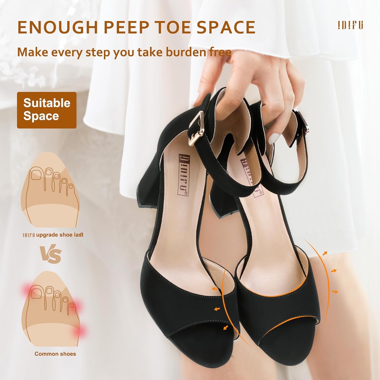 image:imageIDIFU Womens CandieMI Peep Toe Low Block Heels Sandals Ankle Strap Comfy Chunky Wedding Dress ShoesBlack Nubuck