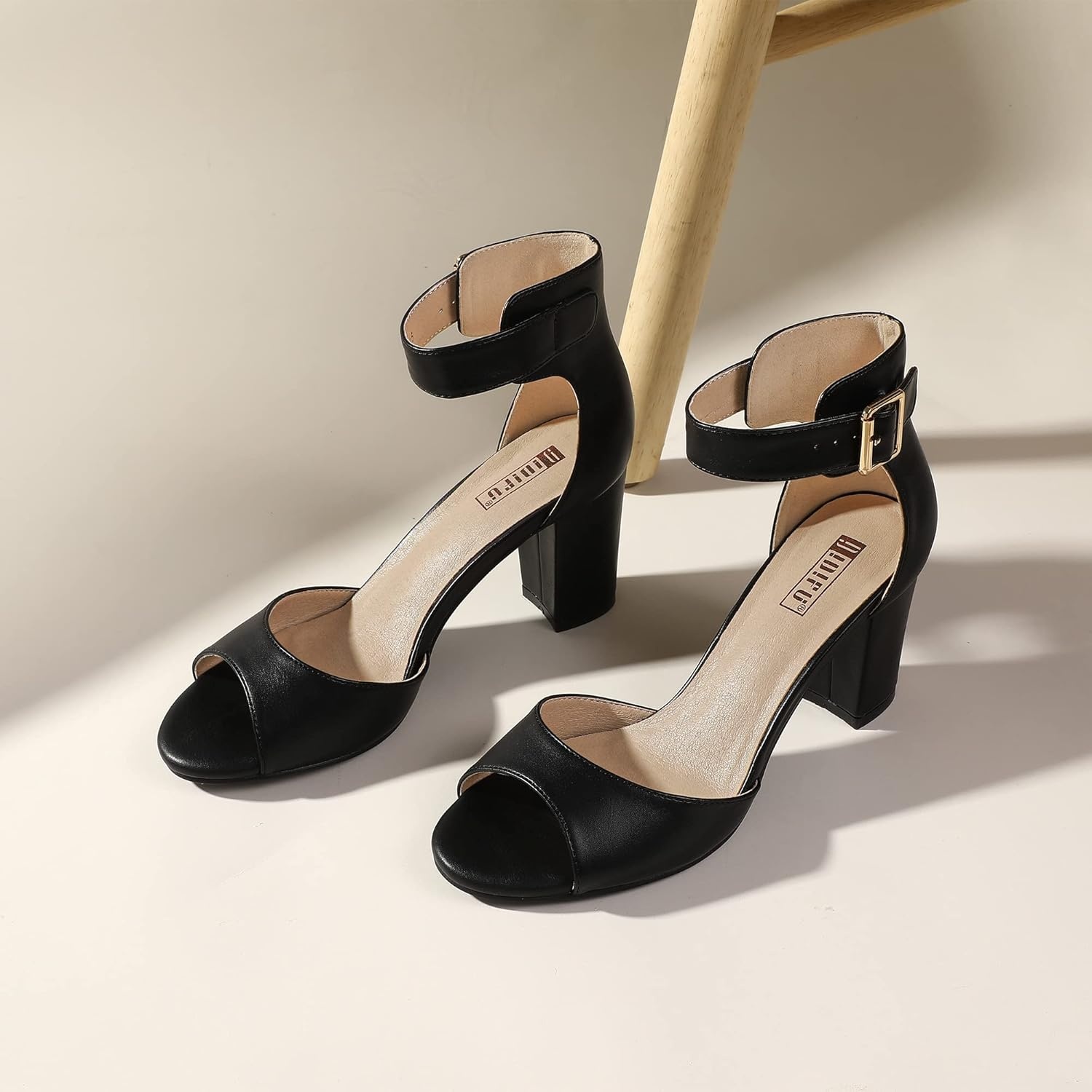 image:imageIDIFU Womens CandieMI Peep Toe Low Block Heels Sandals Ankle Strap Comfy Chunky Wedding Dress ShoesBlack Pu