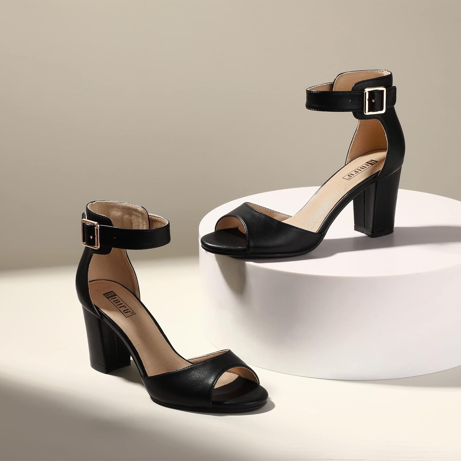 image:imageIDIFU Womens CandieMI Peep Toe Low Block Heels Sandals Ankle Strap Comfy Chunky Wedding Dress ShoesBlack Pu
