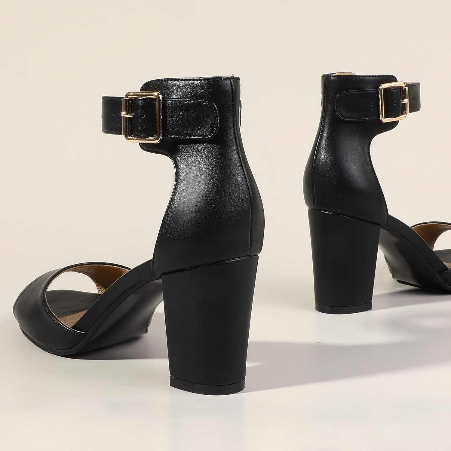 image:imageIDIFU Womens CandieMI Peep Toe Low Block Heels Sandals Ankle Strap Comfy Chunky Wedding Dress ShoesBlack Pu