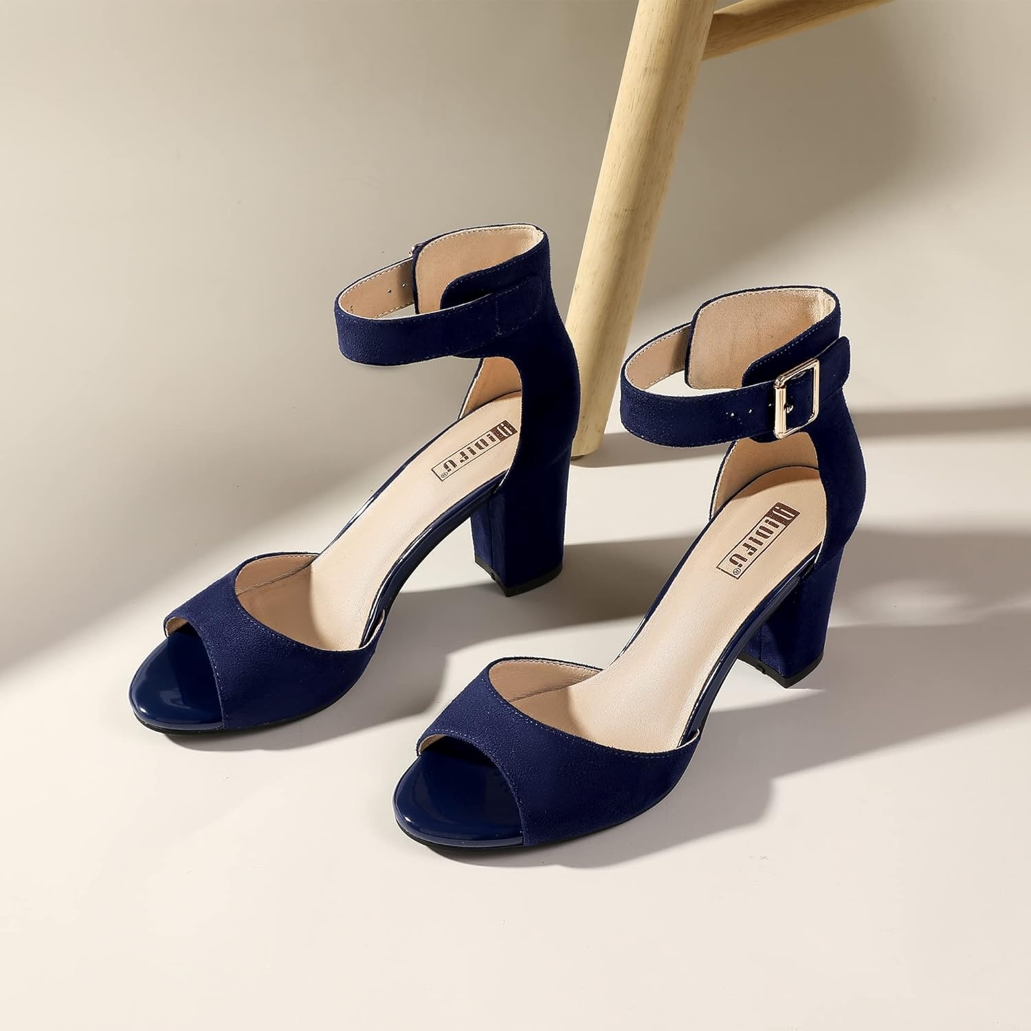 image:imageIDIFU Womens CandieMI Peep Toe Low Block Heels Sandals Ankle Strap Comfy Chunky Wedding Dress ShoesBlue Suede