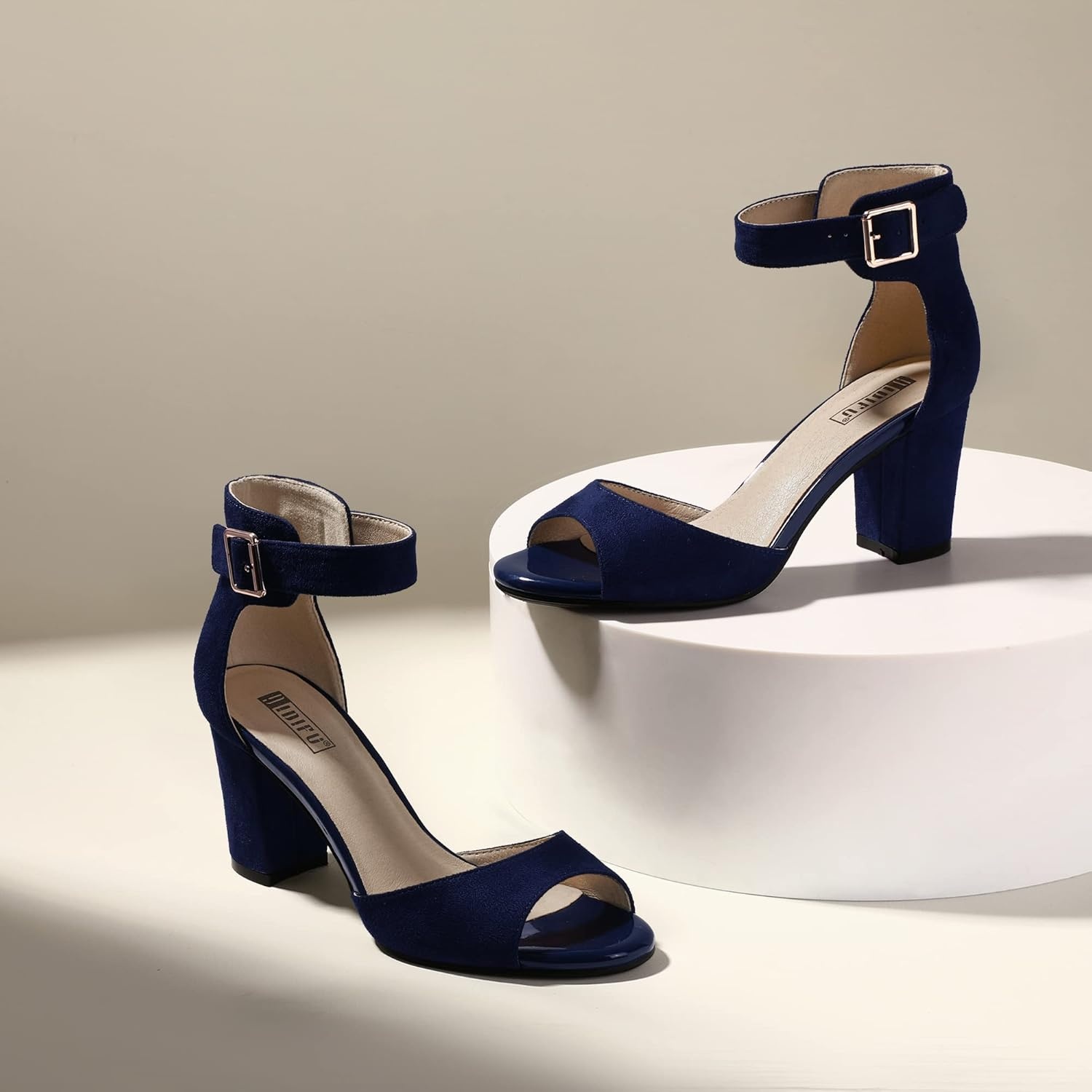 image:imageIDIFU Womens CandieMI Peep Toe Low Block Heels Sandals Ankle Strap Comfy Chunky Wedding Dress ShoesBlue Suede