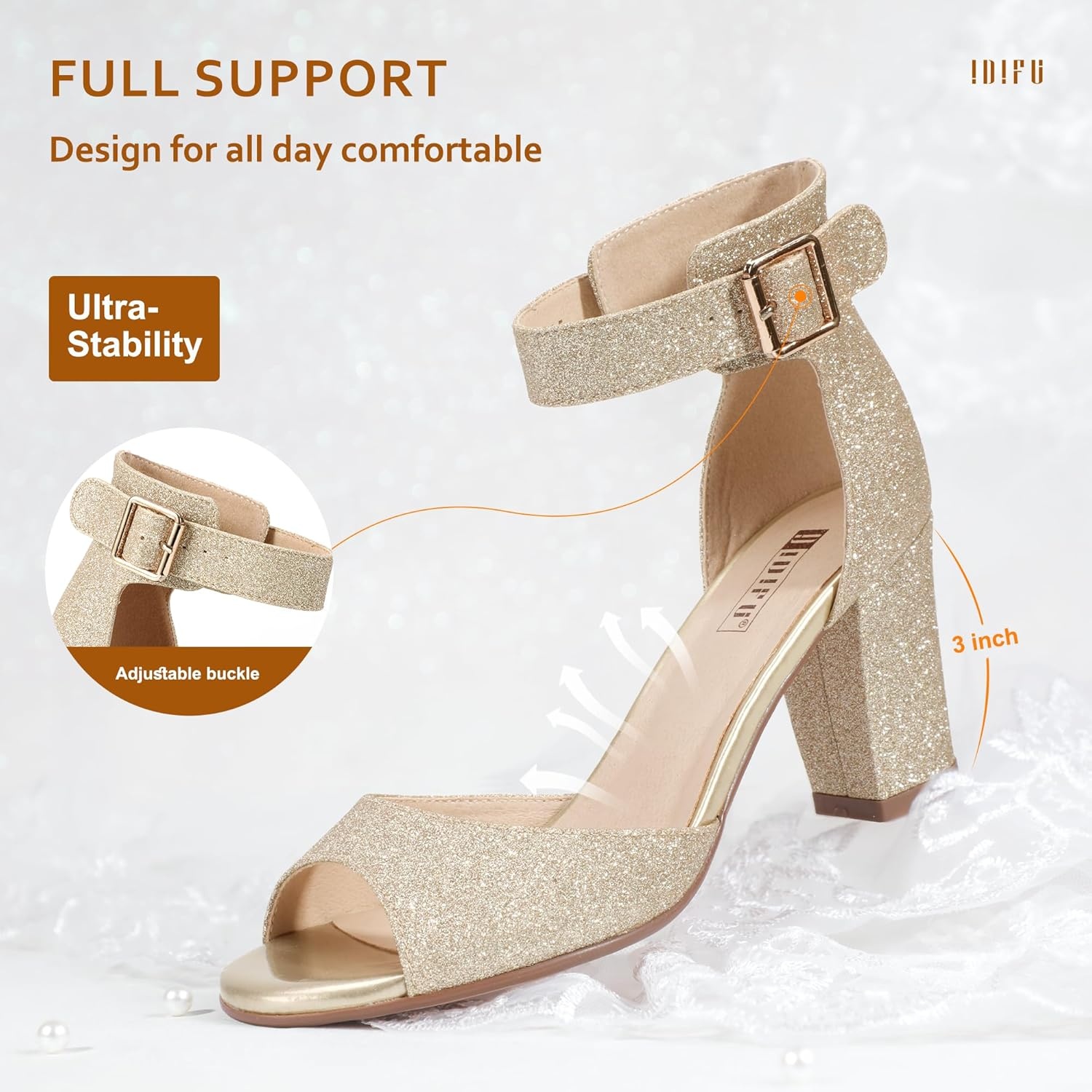 image:imageIDIFU Womens CandieMI Peep Toe Low Block Heels Sandals Ankle Strap Comfy Chunky Wedding Dress ShoesGold Glitter