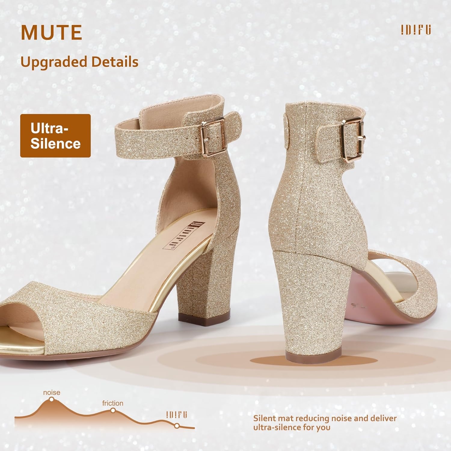 image:imageIDIFU Womens CandieMI Peep Toe Low Block Heels Sandals Ankle Strap Comfy Chunky Wedding Dress ShoesGold Glitter